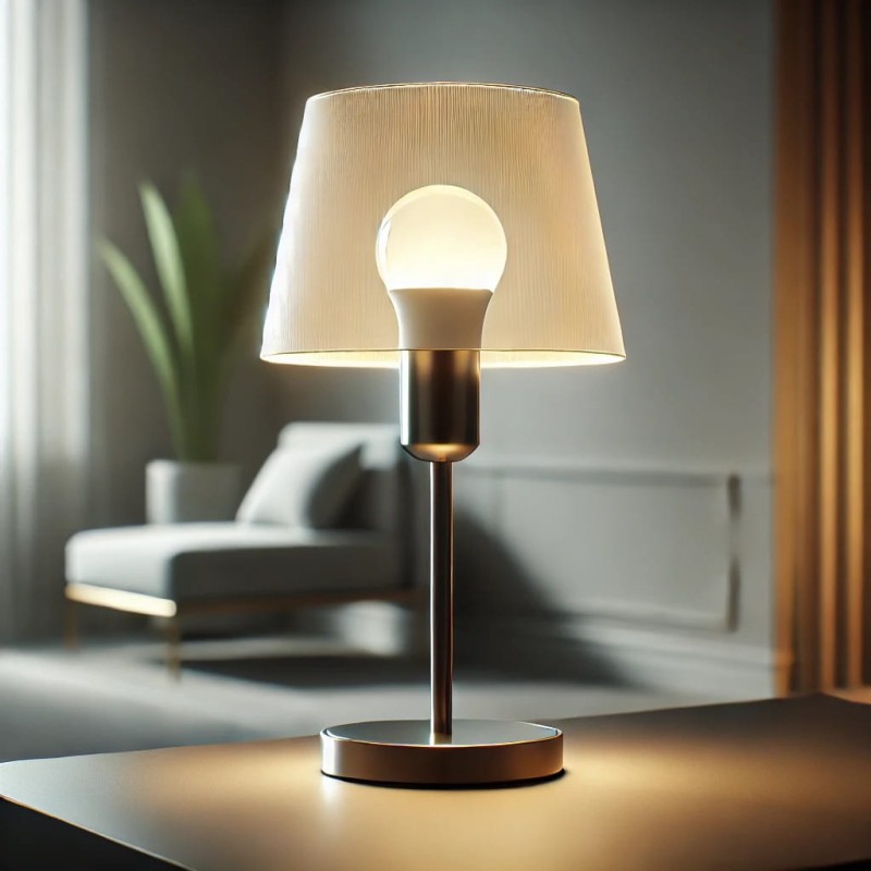DALL·E 2025-01-22 13.25.31 - A modern lamp designed with a sleek and minimalistic aesthetic, featuring the LED bulb from the image as its main light source. The lamp has a metalli.jpeg