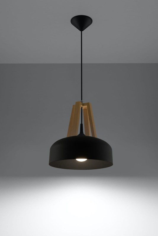 Lampa Wisząca CASCO Czarna/Naturalne Drewno-3939551